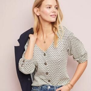 Anthropologie Ett Twa Coralie Peasant Top Metallic Jacquard Boho Button Top S